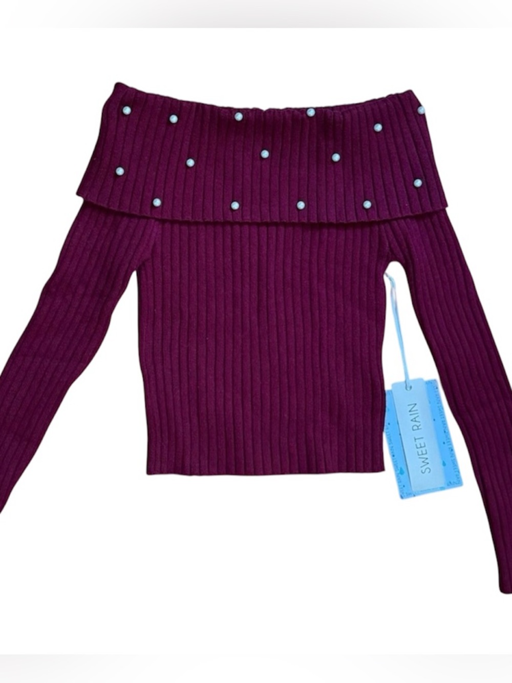 Sweet Rain -NWT- Off-Shoulder Sweater in Deep Red with Pearls Women’s Size S